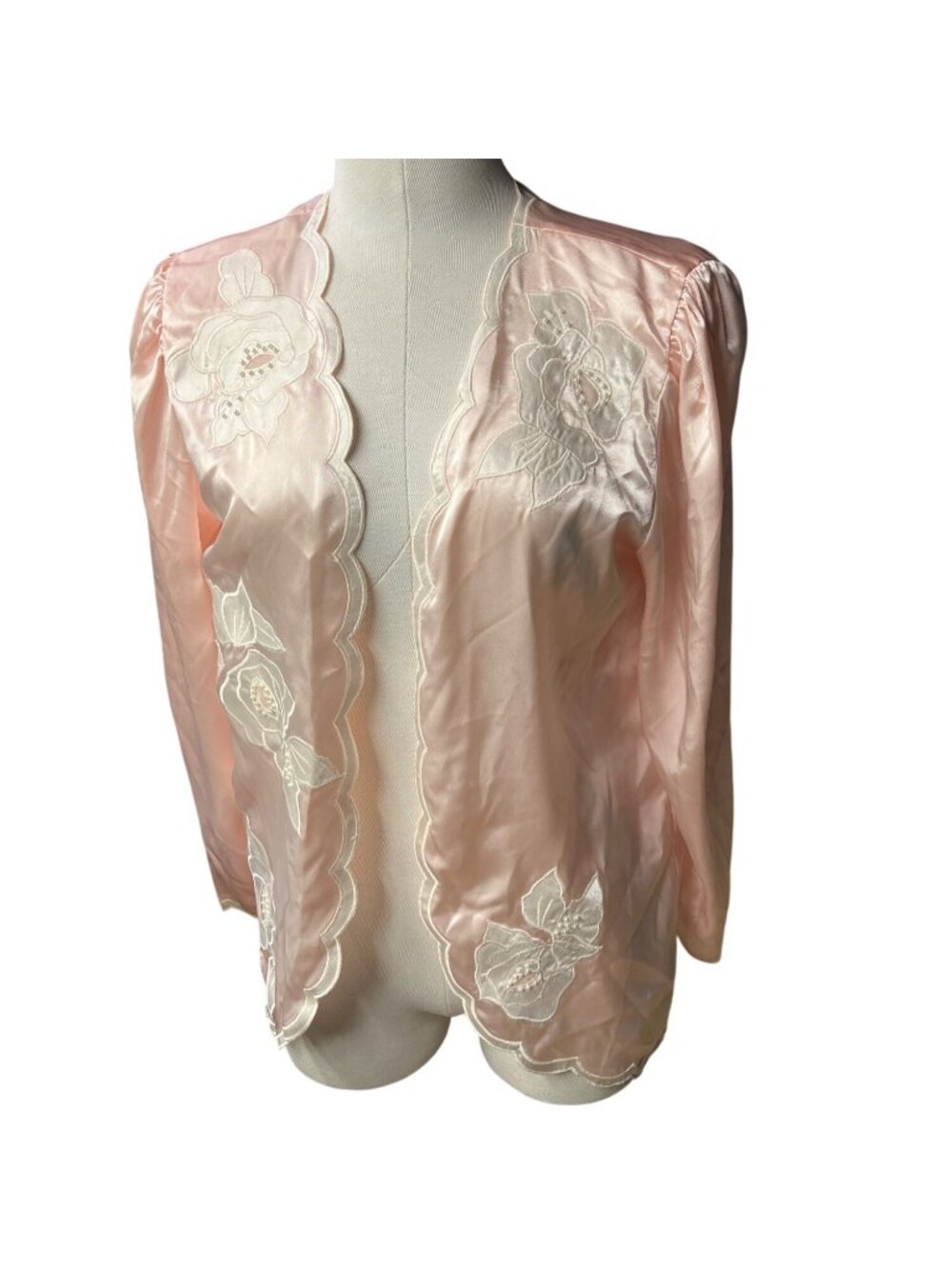 Vintage Victorias Secret Pink Satin Floral Embroidered Robe W/Scalloped Edges SM